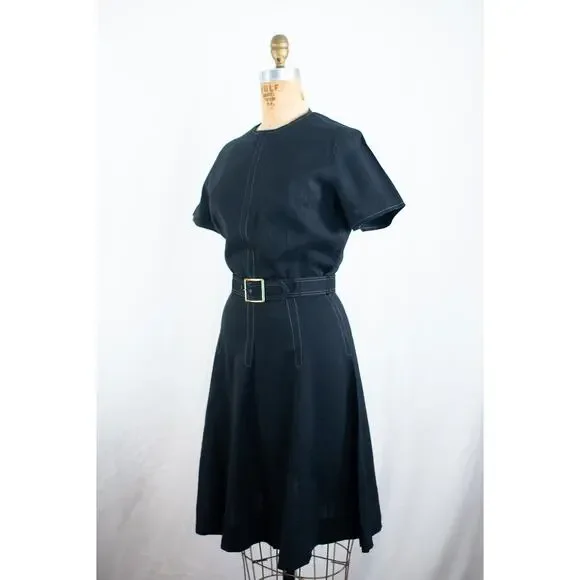 Vintage 60s Black Rayon Blend Mini Dress, Classic A-Line Retro Rockabilly, Small - Picture 2 of 13